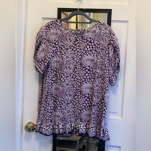 Vintage Purple & White Floral Batik Top with Tulip Sleeves & Peplum Ruffle